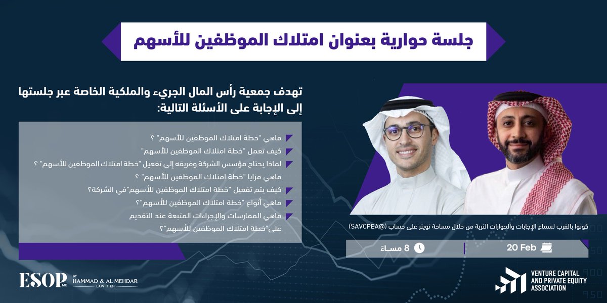 تسعى جمعية رأس المال الجريء والملكية الخاصة بالتعاون مع مكتب حماد والمحاضر للمحاماة عبر الجلسة الحوارية غدًا إلى توضيح آلية عمل "خطة امتلاك الموظفين للأسهم" وتبسيط المعلومات والإجراءات على أصحاب الشركات.

نتطلّع إلى انضمامكم للمساحة.. كونوا على الموعد!