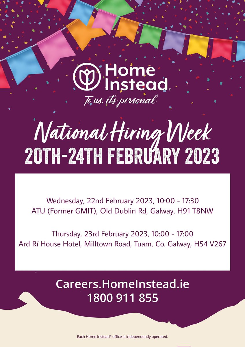 If you are interested in a career in care and live in County Galway, we have #recruitment and #hiring events taking place on Wednesday, 22nd February and Thursday, 23rd February at the following locations:
.
.
.
.
#CareAssistant #HomeInstead #Galway #Tuam #CAREGivers
