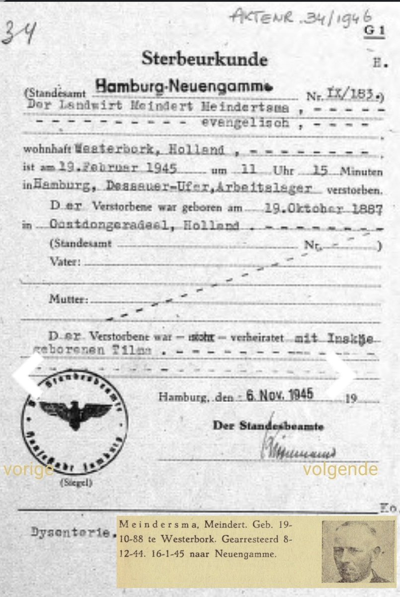 Meindert Meindertsma #Oostdongeradeel
† 19.02.1945 Nazi Germany #Hamburg 

On 16 Jan. 1945, 110 Dutch citizens were transported from <a href="/gem_groningen/">Gemeente Groningen</a> > #Neuengamme external camp
<a href="/LagerhausG/">LAGERHAUSG</a>

All deportees died through mistreatment, disease, starvation and overwork or were executed