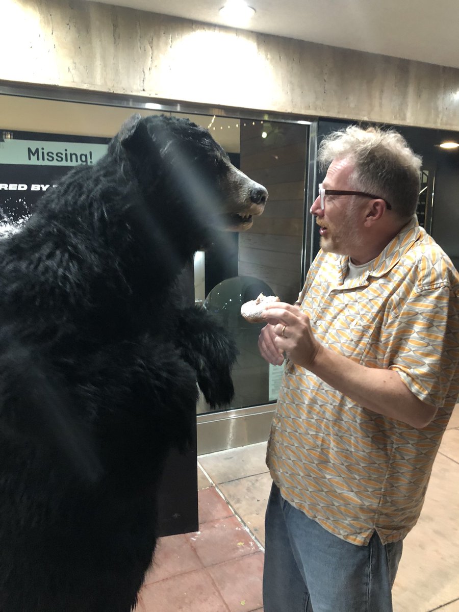 DrMatthewSweet's tweet photo. Anyway I had a run-in with #CocaineBear last night outside @LTWestwood. Think he may be related to Emu. He likes the icing sugar on doughnuts. We’re playing Mark Mothersbaugh’s score for him on the next @BBCRadio3 Sound of Cinema. So - what’s the best big screen animal rampage? https://t.co/8Sh3AC1cGf