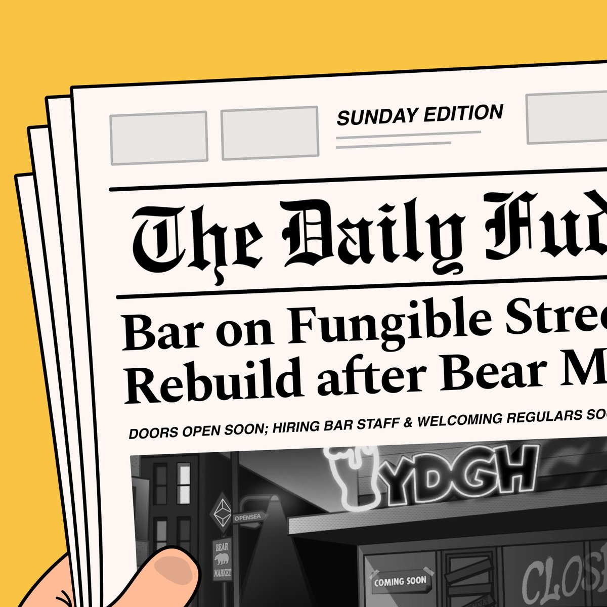 𝗦𝗨𝗡𝗗𝗔𝗬 𝗡𝗘𝗪𝗦
ᐧ
After a Bear destroyed all plans to open last year, The Fungible Bar is almost ready to open its doors.
ᐧ
Stacey from HR is reviewing applications as we speak. 
--
Make sure Stacey sees you:
❤️ 𝗥𝗲𝘁𝘄𝗲𝗲𝘁 + 𝗹𝗶𝗸𝗲
🏷️ 𝗧𝗮𝗴 𝘀𝗼𝗺𝗲 𝗳𝗿𝗶𝗲𝗻𝗱𝘀