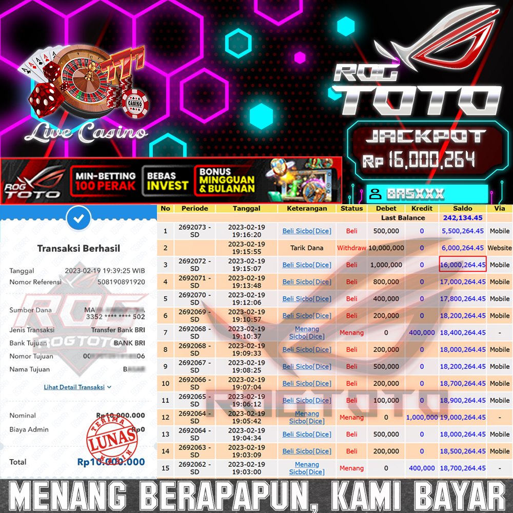 rogtoto_bukti ID : basxxx Tanggal : 19-02-2023 PERMAINAN Sicbo Dice : Rp 16,000,264
link daftar : t.ly/daftarrog
#ROGTOTO #totomacau #togelsdy #togelsagp #togelhongkong #togelcambodia #bandarcasino #livecasino #idnplay #situsjudi #judionline #bandartogel #BUKTIPEMBAYARAN