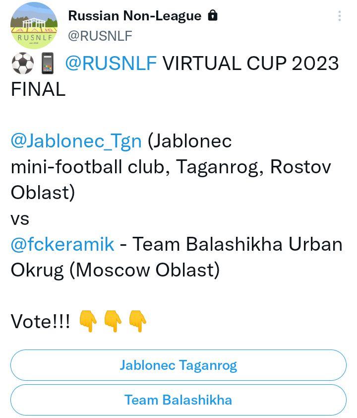 fckeramik's tweet image. It's a FINAL!!! 🔥🔥🔥

Vote for us in the Russian Non-League Virtual Cup

👉 @RUSNLF 

They are closed during the cup, but they will accept your follow very quickly!