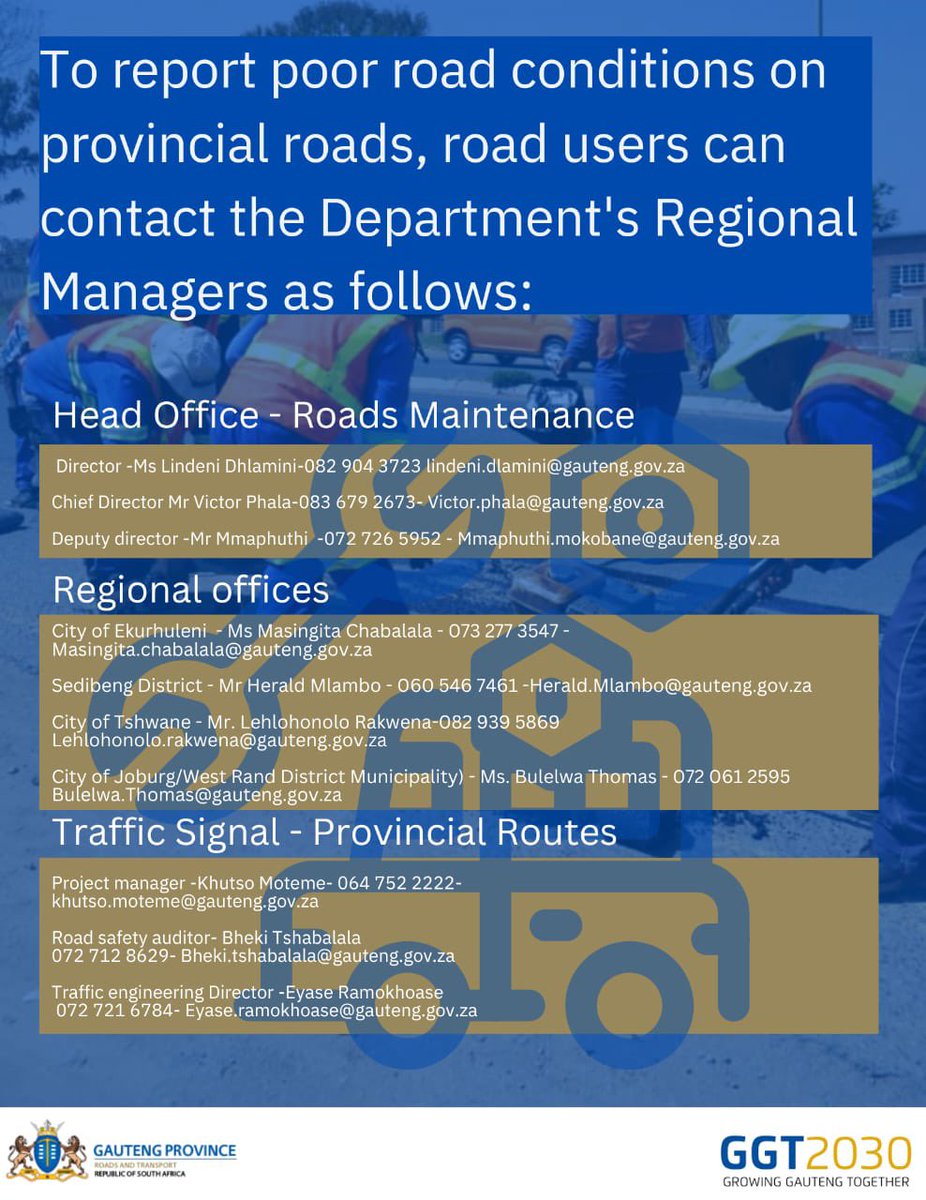 GTP_Traffstats's tweet photo. Several @GPDRT_ Provincial routes are cited with #RoadRisks eg Potholes, faded Road markings, missing signs, etc
Please report as indicated below @GPDRT_ tweet
Potholes can be logged with the relevant app https://t.co/hVHqPFYxMp
