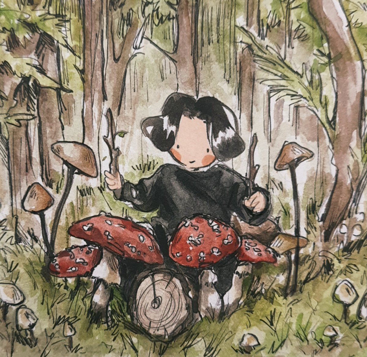 solo mushroom black hair nature tree forest outdoors  illustration images