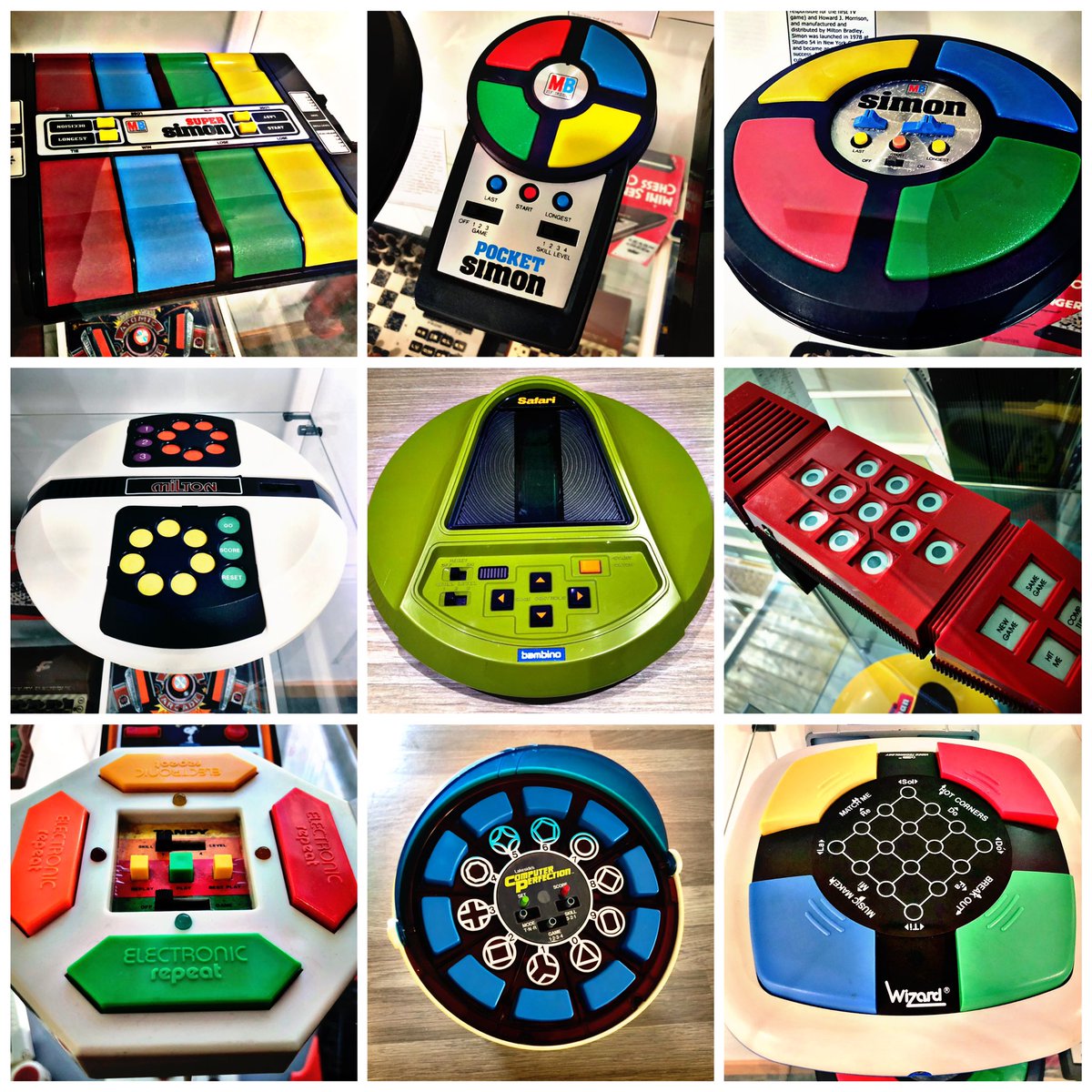 SWRetroComp's tweet photo. This week’s #RetroEnnead offers you #SuperSimon, #PocketSimon, #Simon, #Milton, #Safari, #Merlin, #ElectronicRepeat, #ComputerPerfection and #Wizard. Choose a line of 3 and lose the rest! #RetroComputing #ComputerHistory #RetroGaming #VideoGames https://t.co/i7oTgP2MJD