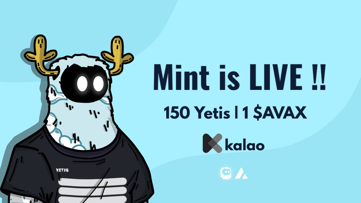 GM 🌞 #Avalanche 
Only 13 Yetis left to finish the mint 🥳

📍Mint 1 and get 2 more for FREE 🤯
go.kalao.io/shillyyetis

📍Join us for more info about the Airdrop
discord.gg/MePXZqaNMB

Have a good #Sunday ❤

#AVAX #AVAXNFTs #AvaxNftRush #NFTCommunity #NFTs #NFTGiveaways