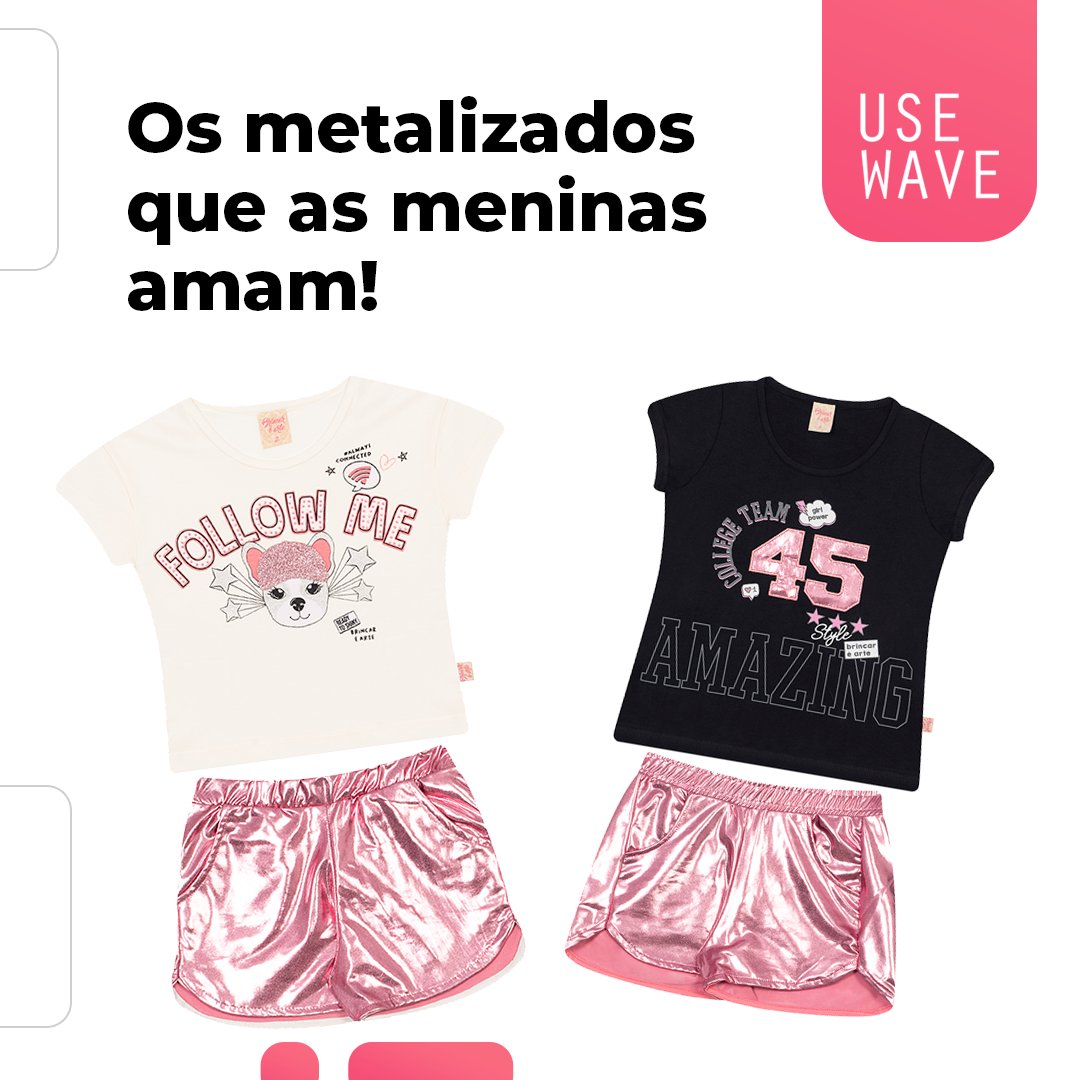 UseWaveStore's tweet image. Os shorts estão disponíveis no metalizado rosa e no prata, que combinam com as camisetas com apliques do mesmo tecido metalizado.  🤗

Que tal presentear com os looks da Use Wave?  😉

🌈 UseWave - Moda RN ao 18.

📲 Compre pelo site usewave.com.br. 
 #roupametalizada