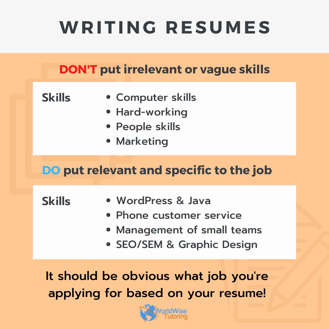 WorldWiseTutor's tweet photo. It's important to put #relevant information on your resume to ensure your #success!

Need help with your #resume? Check out our #blog for some tips and tricks! https://t.co/OaeiMDUhzk

𝗪𝗵𝗮𝘁 𝘀𝗸𝗶𝗹𝗹𝘀 𝘄𝗼𝘂𝗹𝗱 𝘆𝗼𝘂 𝗽𝘂𝘁 𝗼𝗻 𝘆𝗼𝘂𝗿 𝗿𝗲𝘀𝘂𝗺𝗲? 
#EducationBlog https://t.co/kefDvPldHr