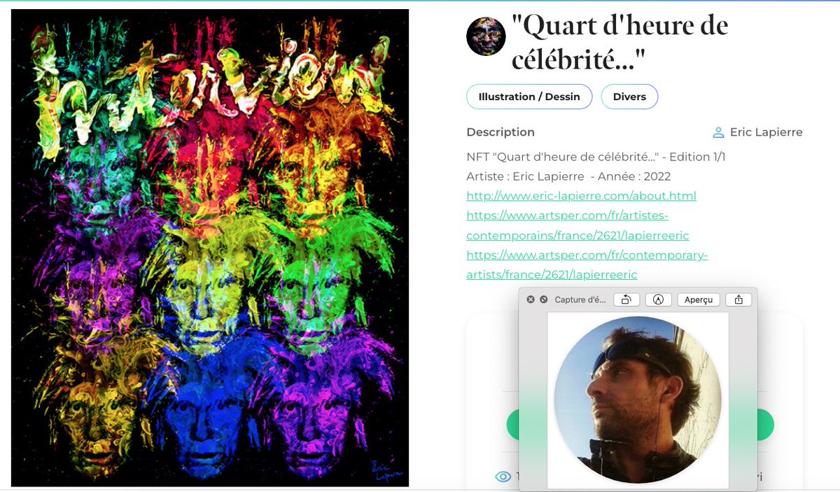 Artwork "Quart d'heure de célébrité..." - Edition 1/1 kalart.utip.io/auction/1474/%… #AndyWarhol #nftart #nftdrop #nftcollector #nftarti̇st #NFTs #Warhol #artnumerique #Web3 #artcollector 
<a href="/Kalart_team/">Kalart - Les NFTs sans crypto !</a>