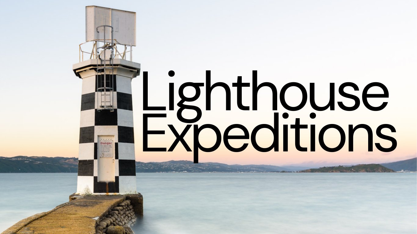 Image of the lighthouse with title "Lighthouse Expeditions" written beside it