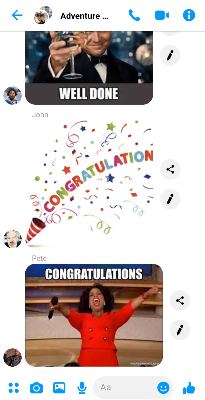 Adventure crew group texts to Stede and Ed, all sending congratulations memes