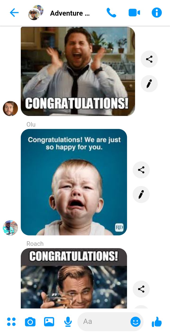 Adventure crew group texts to Stede and Ed, all sending congratulations memes