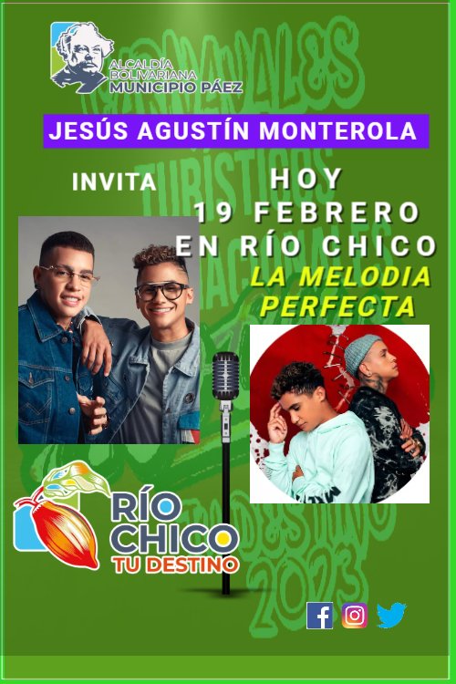 Alc_RioChico's tweet photo. El Gobernador @HectoRodriguez y el Alcalde @Monterolapsuv, te invita a disfrutar del Concierto Mirandino en el estadium Vidal Lopez con varios artista en escena especial Gio &amp; Gabo! La Melodia Perfecta! https://t.co/FAWTfErj4x