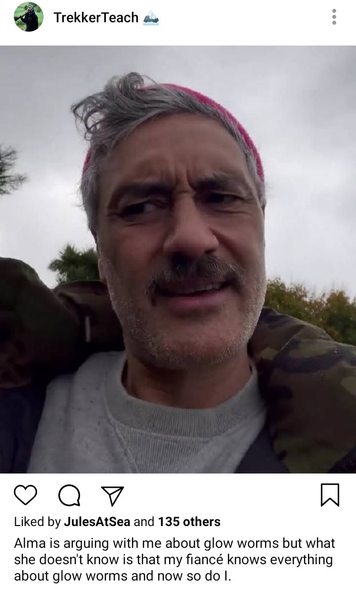 Ed's IG. Photo of Ed making a skeptical face. Caption reads "Alma is arguing with me about glow worms but what she doesn't know is thag my fiancé k kws everything about glow worms and now so do I" 
