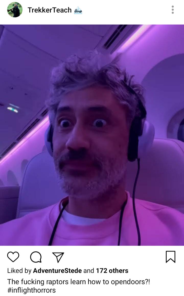 Ed's IG. Selfie of Ed on a plane. Caption reads "the fucking raptors learn how to open doors?! #inflighthorrors"
