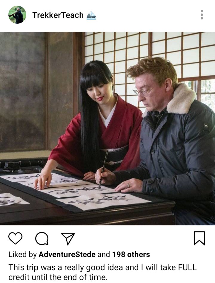 
Ed's IG. Photo of Stede learning shūji. Caption reads "this trip was a really good idea and will take FULL credit until the end of time."
