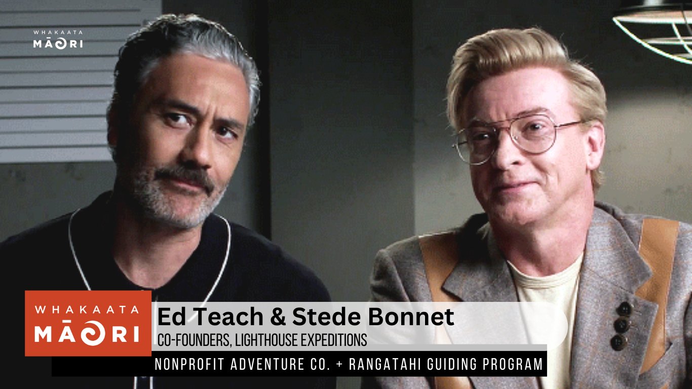 Screenshot of Ed and Stede being interviewed on Whakaata Māori television as co-founders, Lighthouse Expeditions, a nonprofit adventure Co. + rangatahi guiding program
