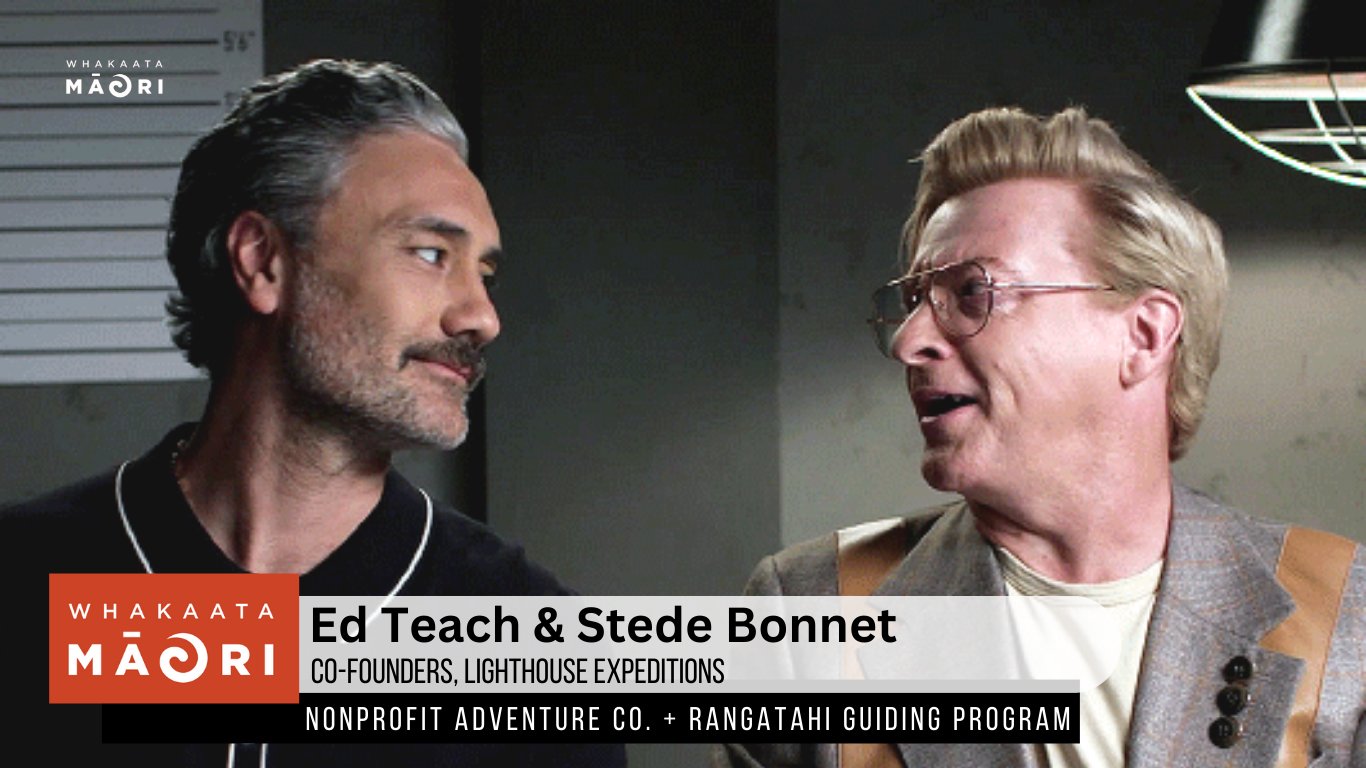 Screenshot of Ed and Stede being interviewed on Whakaata Māori television as co-founders, Lighthouse Expeditions, a nonprofit adventure Co. + rangatahi guiding program

