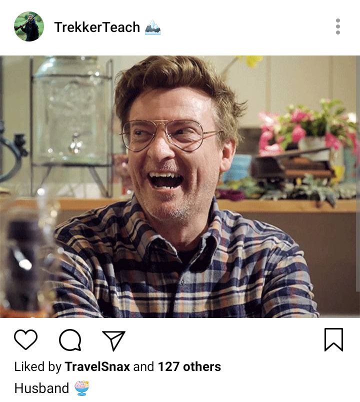 Ed's IG. Photo of Stede laughing. Caption reads "husband"
