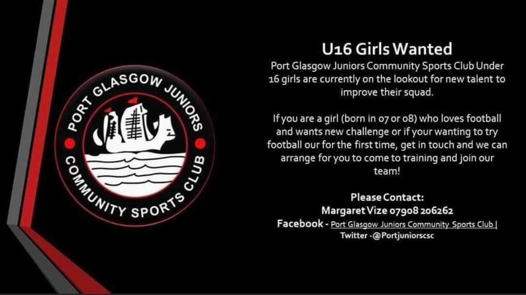 Port Glasgow Juniors under 16s girls are looking for a Goalkeeper, no experience required and goalkeeper training will be provided <a href="/StStephensHS/">Saint Stephen's High School</a>  <a href="/PortGlasgowHS/">Port Glasgow HS</a>  <a href="/MargaretVize/">Port Jnrs Football Community Sports Club</a> Please see details below.