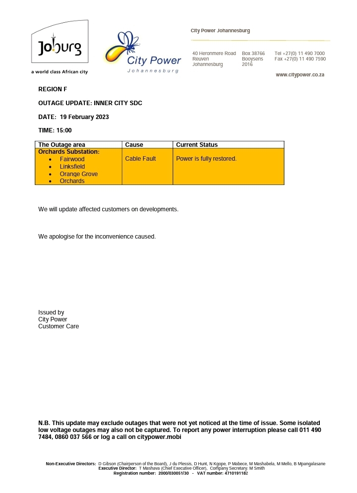 CityPowerJhb's tweet photo. #SiemertUpdate

Power is fully restored to customers who were affected by an outage at #OrchardsSubatation. ^NT https://t.co/wEEzERvO2k