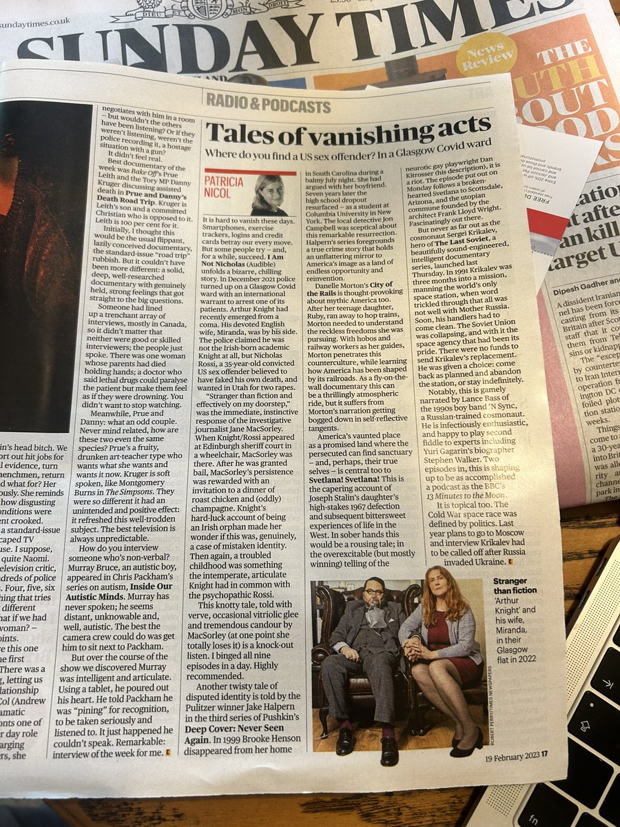 A ‘knock-out’ listen says @PatriciaNicol who reviews I AM NOT NICHOLAS in the Sunday Times today. Patricia did a ‘John Bishop’ - binged all 9 episodes in 1 day. On a roll! @bbcstudios @audibleuk @helenclifton @innesbowen