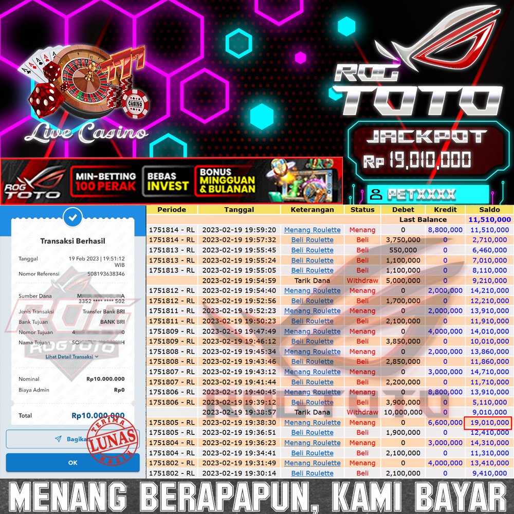 rogtoto_bukti ID : petxxxx Tanggal : 19-02-2023 PERMAINAN Roulette : Rp 11,510,000
link daftar : t.ly/daftarrog
#ROGTOTO #totomacau #togelsdy #togelsagp #togelhongkong #togelcambodia #bandarcasino #livecasino #idnplay #situsjudi #judionline #bandartogel #BUKTIPEMBAYARAN