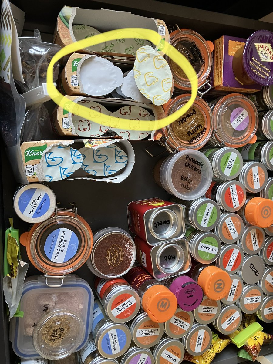 drKatRock's tweet photo. A bit of Sunday @MarieKondo-ing my spice draw but disappointed to discover @KnorrUK’s stock pots no longer indicate what they are on the lid ☹️ how long before I accidentally put the wrong stock in a dish? https://t.co/QnJai0oB7a