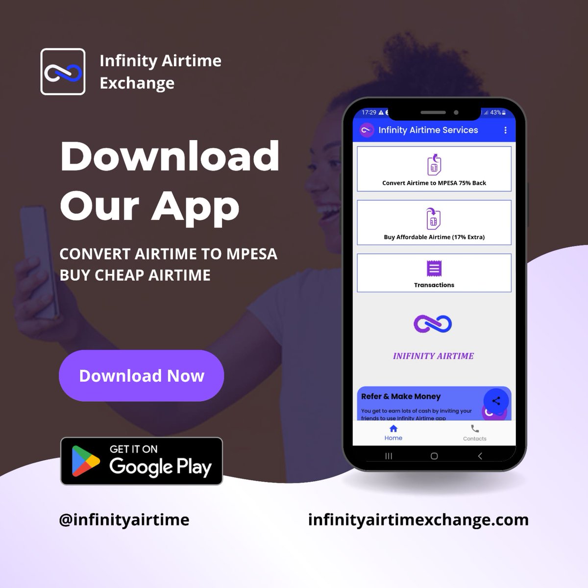 Josh001J's tweet photo. When you purchase airtime mistakenly you can get your money back using the app. I have first hand using this app.
Pls retweet tusaidiane. 
Try it kwa playstore
https://t.co/XX40g51bp9
Contact @infinityairtime for more. https://t.co/w6XN7yqQ8s