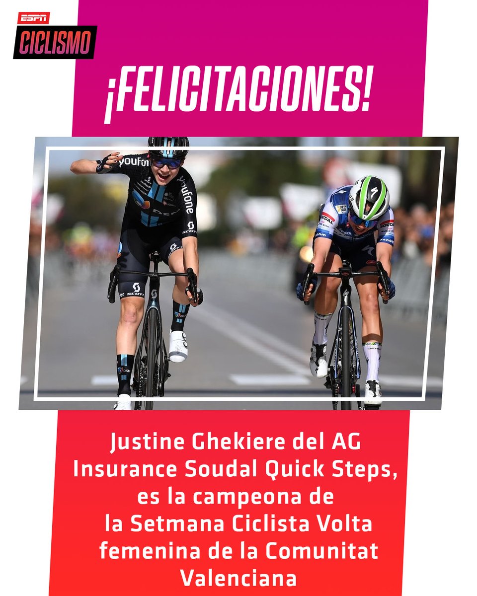 ESPNCiclismo's tweet photo. ¡Doblete en la general de la #SetmanaCiclista para el #AGInsurance! 🤩🔥
Justine #Ghekiere es la campeona de la prueba Valenciana, Ashleigh #Moolman y Amanda #Spratt completaron el podio. La última etapa fue para Elise #Uijen del #TeamDSM.
#ESPNCiclismo https://t.co/bBHjRaXE6O