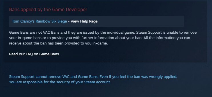 Morgan_Faranda's tweet photo. @UbisoftSupport 
Game ban on steam profile without being banned (lol)
Several years ago, I was SUSPENDED 15 days from r6, when I went to check my steam profile, I found a game ban ( NOT A VAC BAN ). This is very funny, since you keep avoiding answering. I also have an open ticket https://t.co/rfbNWtBLVk