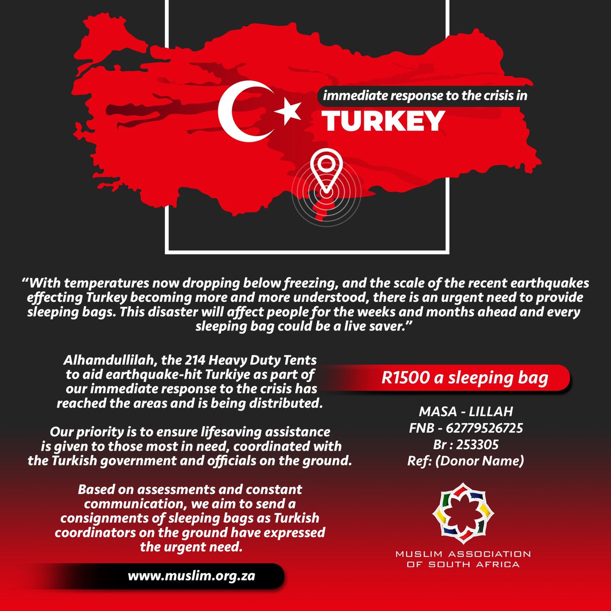 Muslim Association of South Africa (@muslimassocsa) on Twitter photo CALL TO ACTION | COMMUNITY APPEAL
Through the <a href="/MuslimAssocSA/">Muslim Association of South Africa</a>, we have already sent heavy duty tents to #TurkeyEarthquake survivors.
JazakAllah for your continued trust in us.
But this is not enough, Please support wholeheartedly; current requirement is SLEEPING BAGS CALL TO ACTION | COMMUNITY APPEAL
Through the <a href="/MuslimAssocSA/">Muslim Association of South Africa</a>, we have already sent heavy duty tents to #TurkeyEarthquake survivors.
JazakAllah for your continued trust in us.
But this is not enough, Please support wholeheartedly; current requirement is SLEEPING BAGS