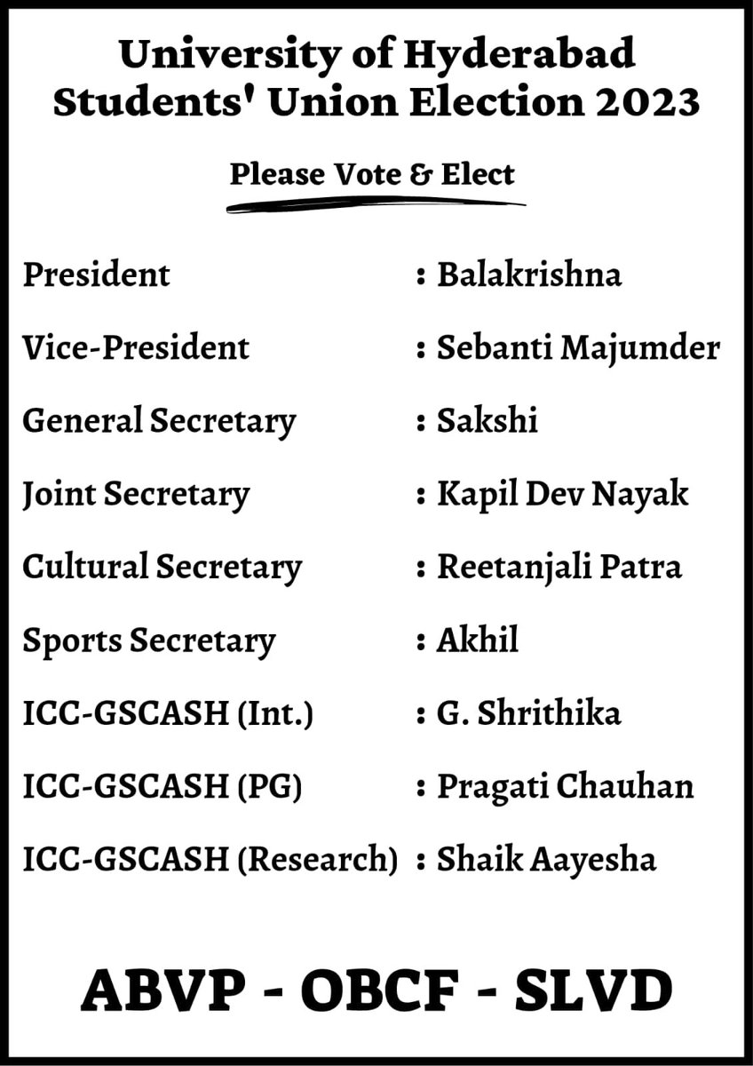 Here presents the candidates of ABVP-OBCF-SLVD Panel for HCUSU Election 2023. Please vote and elect for a better <a href="/HydUniv/">Univ of Hyderabad</a>.                            <a href="/ABVPVoice/">ABVP</a>