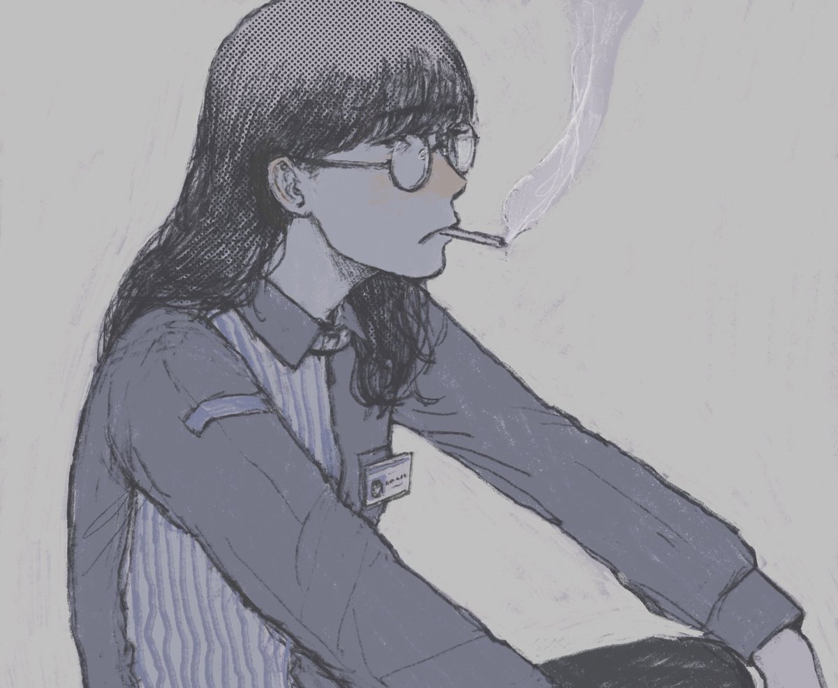 1girl solo cigarette glasses smoking long hair striped shirt  illustration images