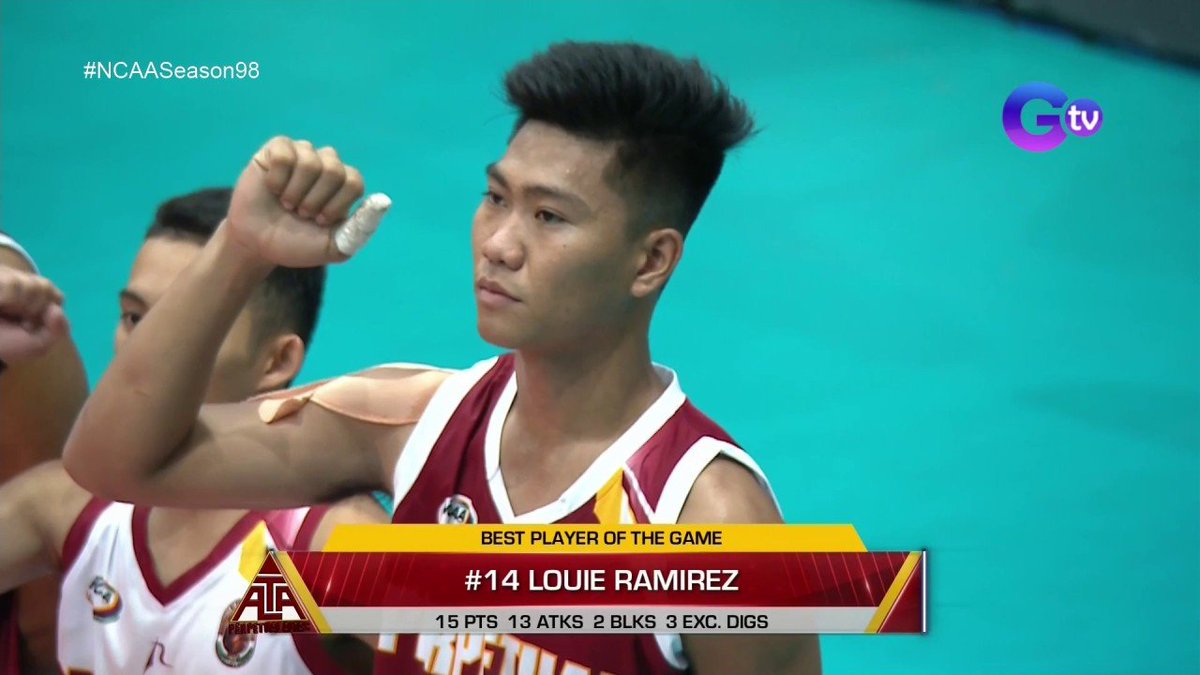 #NCAASeason98 men's volleyball

Best Player of the Game (Perpetual vs. EAC): Louie Ramirez

15 points
13 attacks
2 blocks