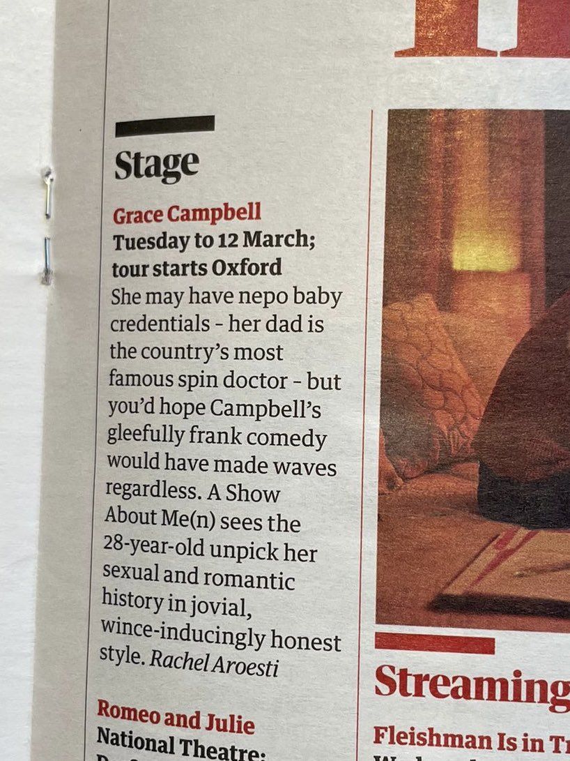 Thanks to the Guardian for this mention of my tour (starts on Tuesday) will add ‘would have made waves regardless (of nepotism’ to my poster