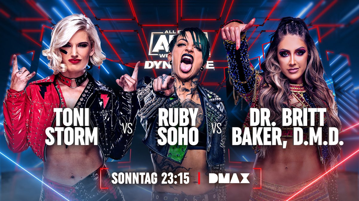 warnertvde's tweet image. Es ist Sonntag - ihr wisst, was das bedeutet! Um 23:15 starten wir mit einer neuen Ausgabe von #AEWDynamite auf #DMAX. Im Main Event stehen dieses Mal die Damen im Mittelpunkt. AEW-Original Britt Baker trifft auf Toni Storm un Ruby Soho. Bis später auf DMAX!

#AEW #DMAXWrestling