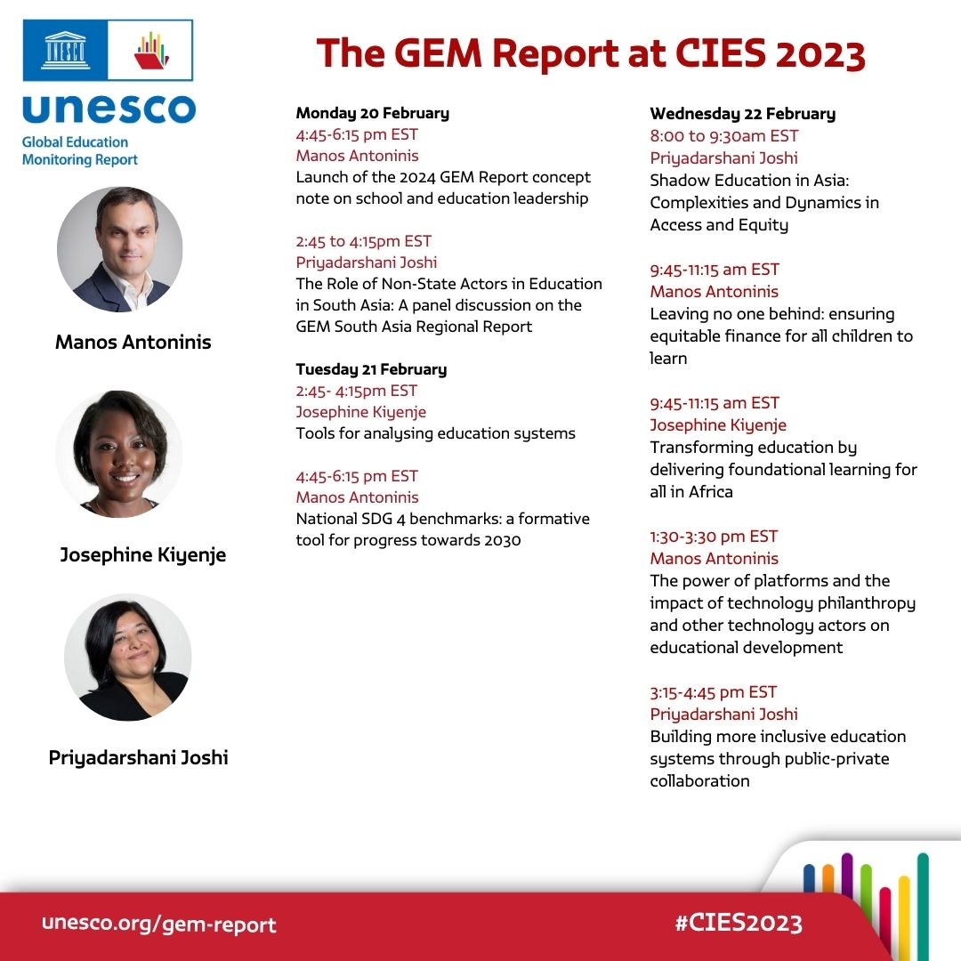 GEMReport's tweet photo. Join Manos Antoninis at #CIES2023 tomorrow for the launch of the concpet note for the 2024/5 @GEMReport. Manos will describe the approach and objectives of the report. @KarenMundy4 of @UofT and @jef_oi of @VVOBvzw will respond to the concept note.

https://t.co/64EWCXuBEi https://t.co/zj6B6BRcs5