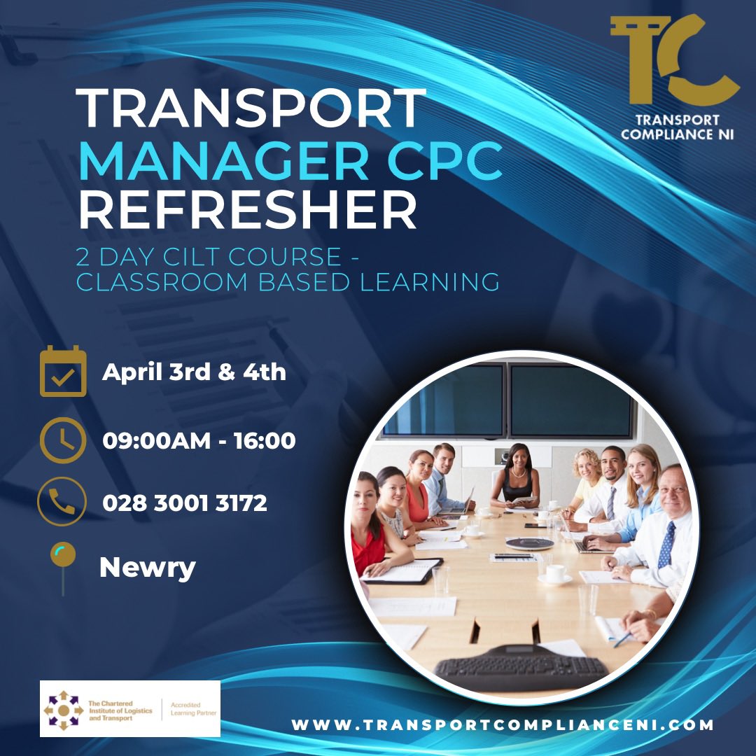Upcoming #Transportmanager refresher 2 day course. When did you last attended transport manager training? #Operatorlicensing regulations state, all transport managers complete refresher training at a minimum of every 5 years. We are a #cilt accredited centre!