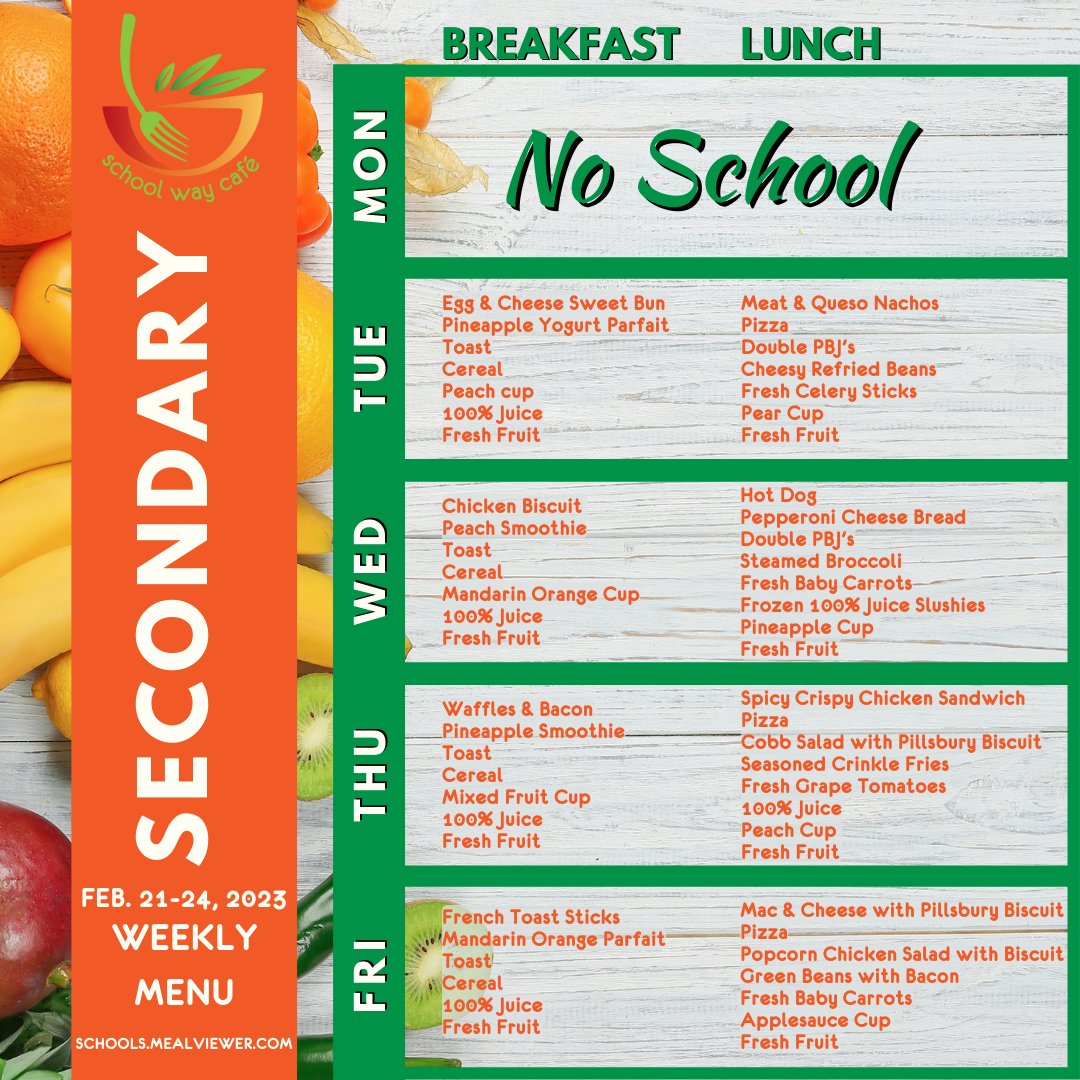 SWC_Volusia's tweet photo. Don't forget to check out this week's school menu, but please take note that there will be no school on Monday in observance of President's Day. Enjoy your long weekend, and we'll see you back @volusiaschools on Tuesday! 🍴👨🍳👩🍳📚 #schoolmenu #longweekend #noschoolonmonday @vccpta https://t.co/HIblinSdiw