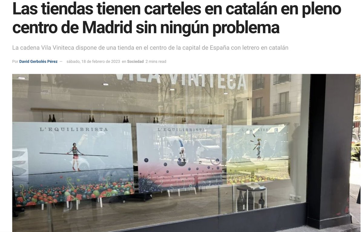 albertdmcat's tweet photo. Atenció amb la notícia del diari colon d’en Sergio Fidalgo, @elCatalan_es (#elColono).
Diuen que hi ha cartells en català en una botiga de Madrit perquè anuncien un vi català que es diu “L’Equilibrista”. No, si ara també traduiran marques.
Diran “Pollo Frito Kentucky” també?!? https://t.co/4wF4qbXmiM