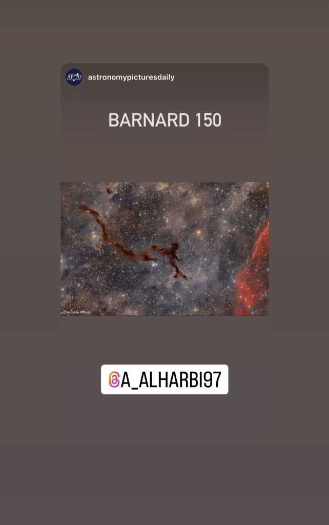 abdulla_alhrbi's tweet photo. الحمد لله

 نُشرت صورتي لسديم Barnard 150 
او ما أسميته بـ"مشية الفضاء"  في  astronomy picture of the day (story)

 التابعة لوكالة الفضاء الامريكية NASA 

🇰🇼🇰🇼🇰🇼🇰🇼 https://t.co/CGYNZRtDbv