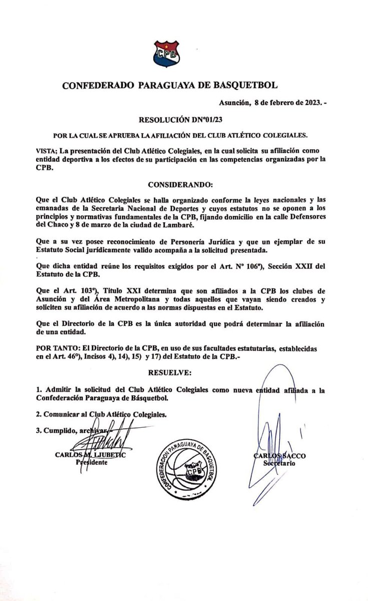 🇵🇾🏀 BIENVENIDO 🙌🏻👏🏻

🤩 El Club Atlético Colegiales se suma a la gran familia del básquetbol nacional.

Nuestro deporte crece y se expande con la creación de nuevas escuelas en diferentes puntos del país. 👏🏻👏🏻👏🏻

#Básquet #ElLugarQueSeMerece #1080AM