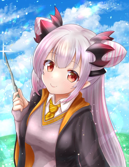 以前描いたハリポタ衣装のパトラちゃんを今回ホグワーツ・レガシーで入ったハッフルパフ寮カラーのローブと白いサクラの杖に直しました #パトラのアトリエ 