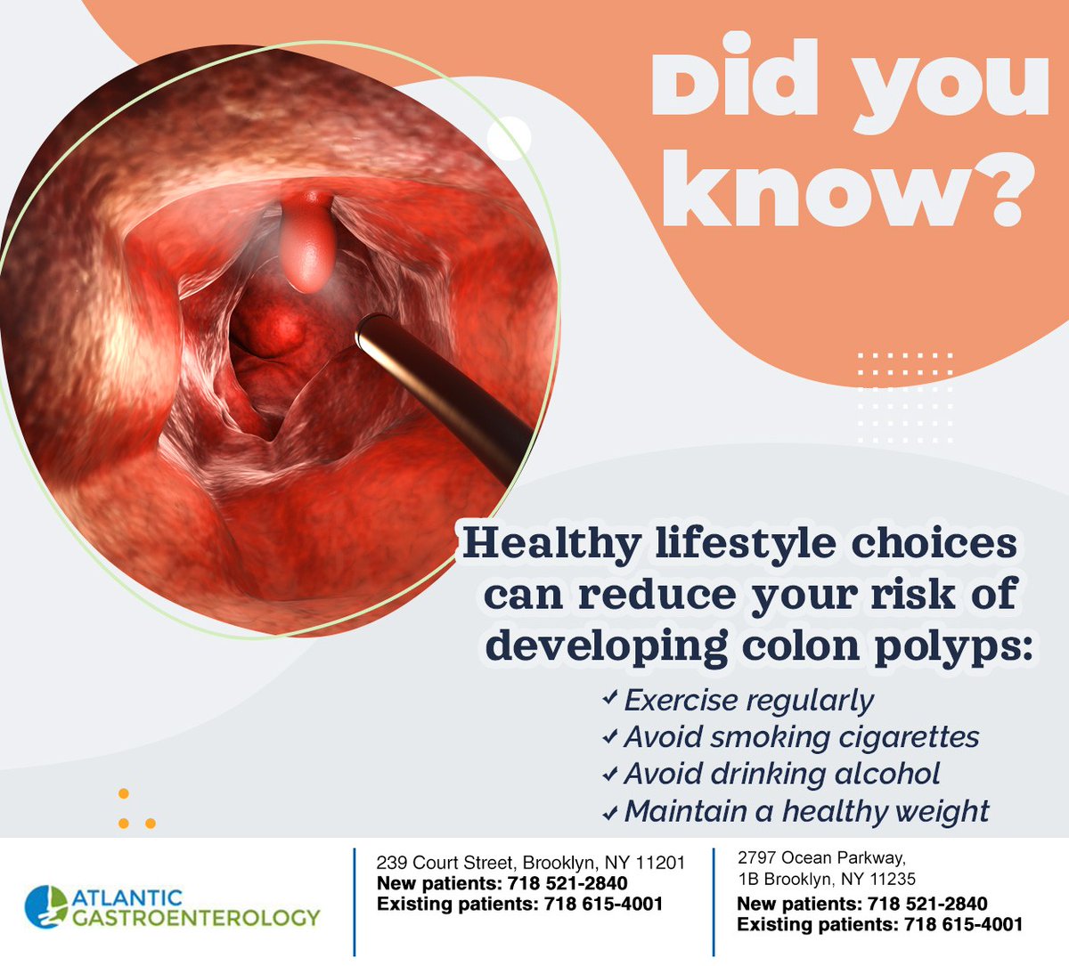 AtGastro_NYC's tweet image. While there isn't a definite way to prevent colon polyps, you can lower your risk of developing polyps by making healthy lifestyle choices such as these. #colonpolyps #gastroenterologist #brooklyn #atlanticgastroenterology #NY