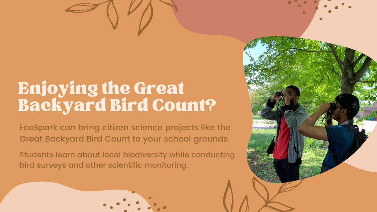 EcoSpark_Env's tweet photo. Are you a #teacher in the #GTA?
EcoSpark brings engaging bird-related, curriculum-linked #CitizenScience projects, like the #GBBC to your school. Get your class outside for an #EnvironmentalEducation experience! Register today for our #SchoolWatch program. https://t.co/VrH3Zrz0dp https://t.co/QNNtRJtkOl