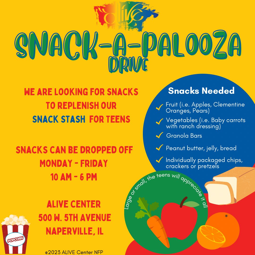 Aliveteencenter's tweet photo. It’s a Snack-A-Pallooza‼️ We are looking to replenish our snack stash for our teens! 🍎🥝
🍿Snacks can be dropped off Monday-Friday between 10 am-6 pm at the ALIVE Center, 500 W. 5th Avenue in Naperville.
#OurTeensOurFuture #OurTeensNeedUs #HealthySnacks #SnackDrive #BrainFood https://t.co/O3bfSP3IkD