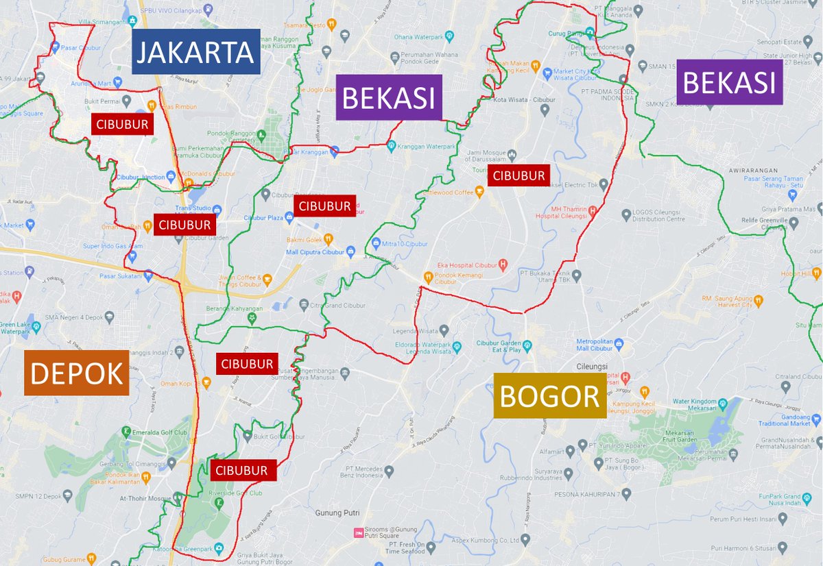 kevinjpratama's tweet photo. Iseng mapping Cibubur

Tingkat keakuratan: 92.5-95%
Area dengan garis merah: Cibubur
Garis ijo: batas antar kota / kabupaten

Jadi dari sini bisa tau ya, mana Cibubur yg termasuk pada kota / kabupaten tertentu.

cc pegiat keunikan Cibubur @catuaries @Outstandjing https://t.co/hyWRvX74X4
