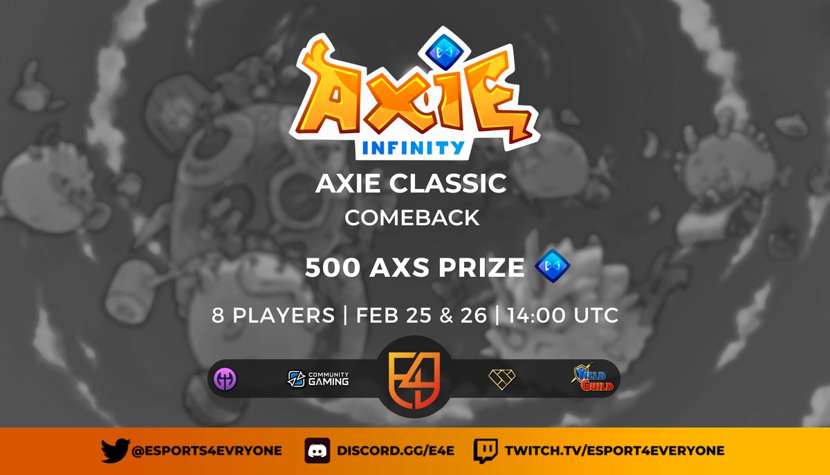 Get ready for the CLASSIC COMEBACK! 🔥

A prestigious event where only 8 of the best V2 players will be competing for 500 AXS 🤩

Only 1 can be the Classic CHAMPION. 👀

@EsportsAxie <a href="/AxieInfinity/">Axie Infinity</a> #E4ETournament